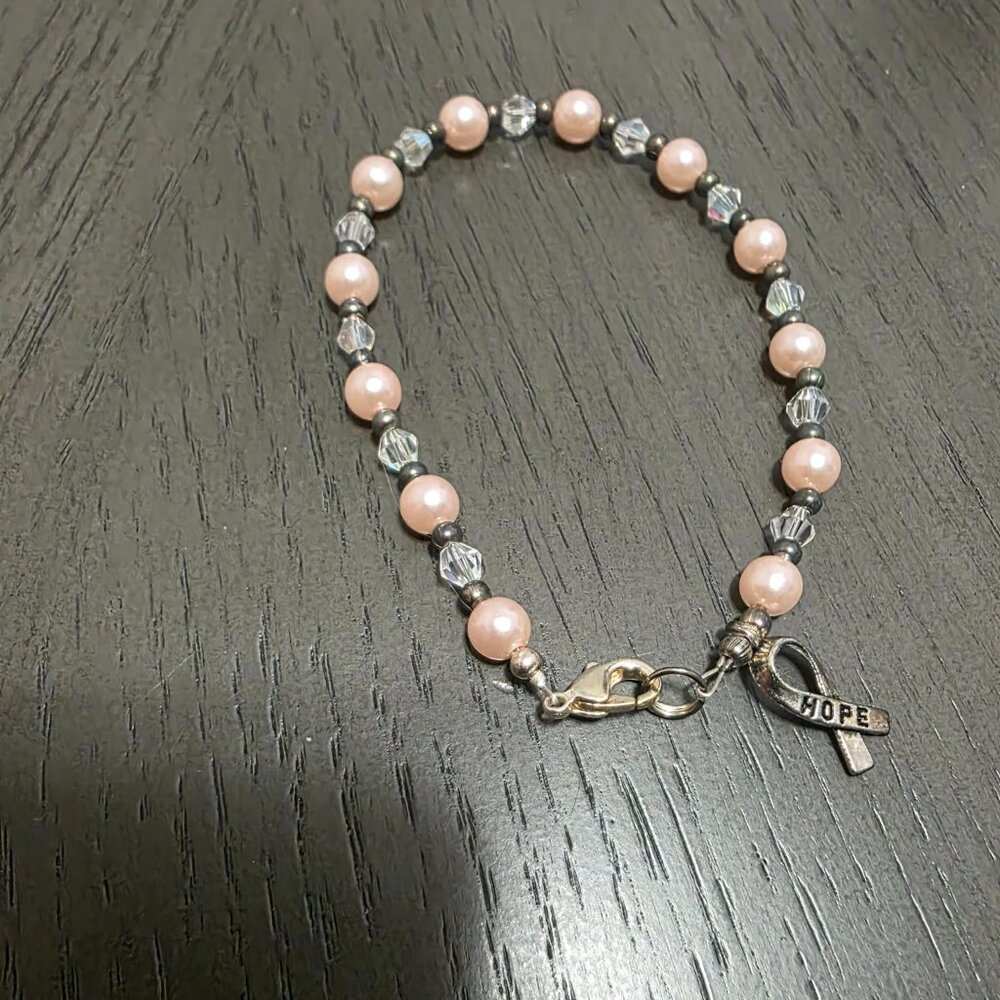 Hope Bracelet w/ Ribbon Charm | Pink Beaded Breast Cancer Awareness Bracelet